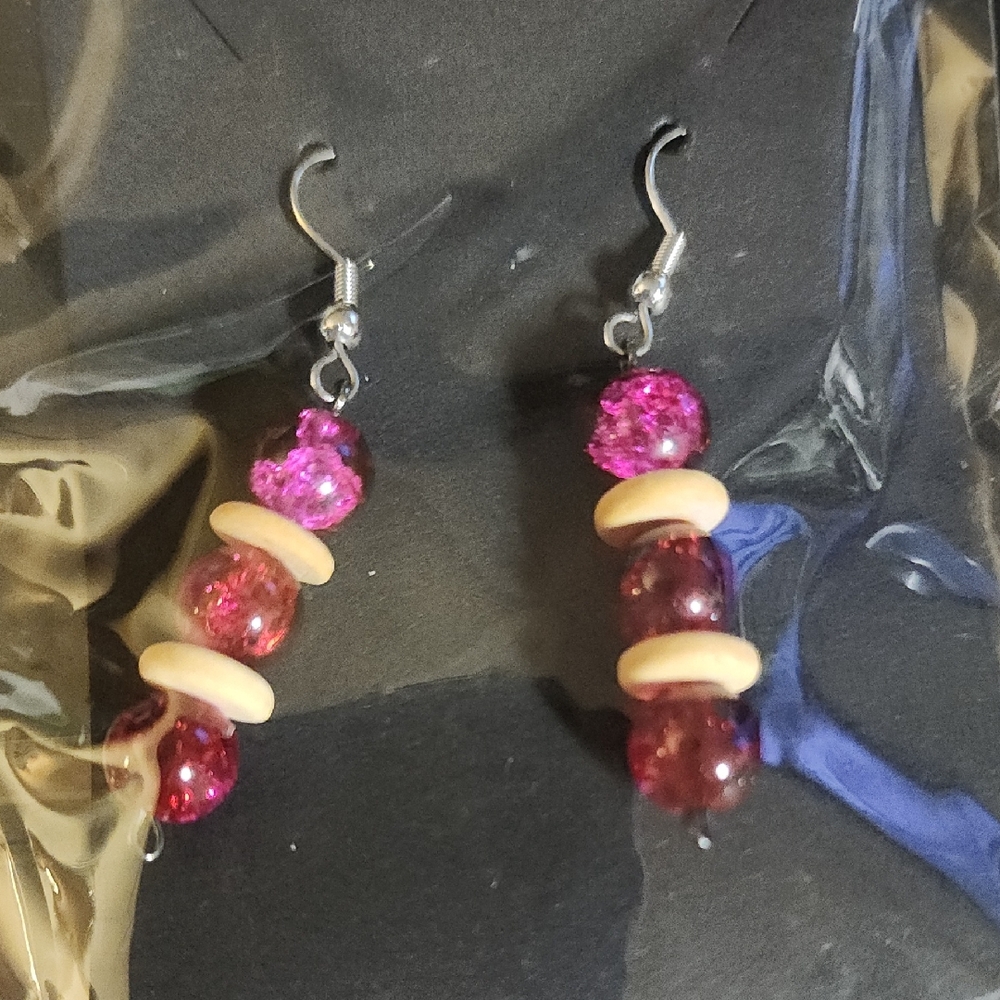 Pink and Cream Beaded Earrings
